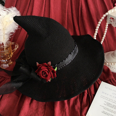 Lolita Velvet Witch Hat Halloween Wide Brim Rose Witch Hat