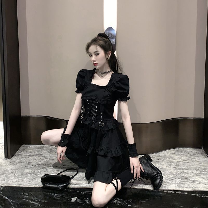 Ruffle Lace Up Buckle Gothic Sweet Dress