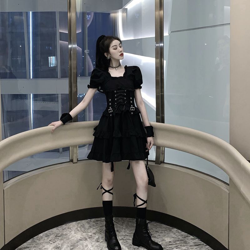 Ruffle Lace Up Buckle Gothic Sweet Dress