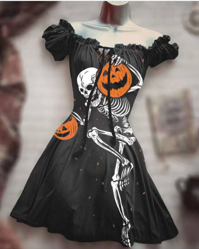 Women's Short Sleeve Drawstring Polyester Puff Sleeve Dress
