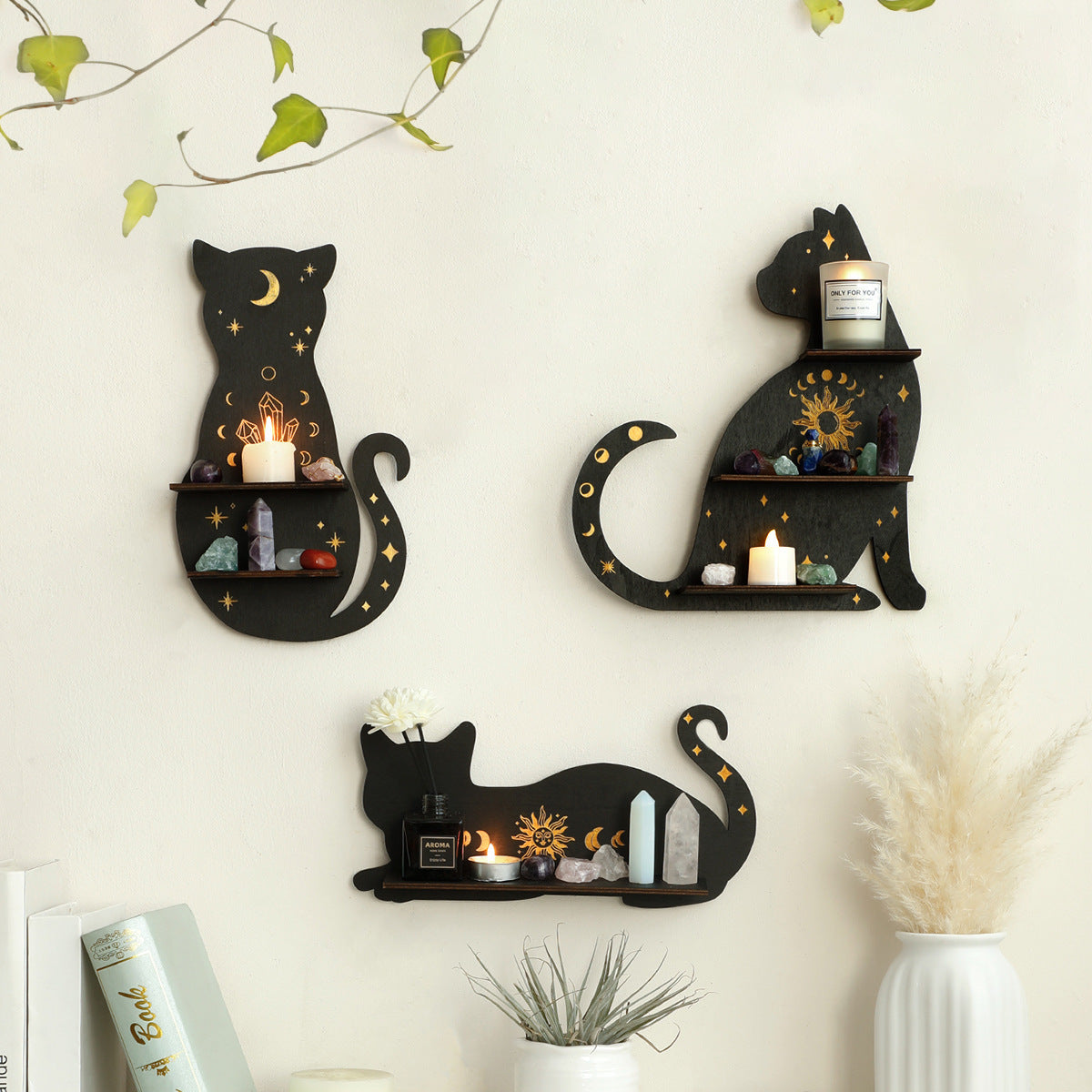 Gothic Animal Cat Type Wooden Wall Crystal Storage Rack