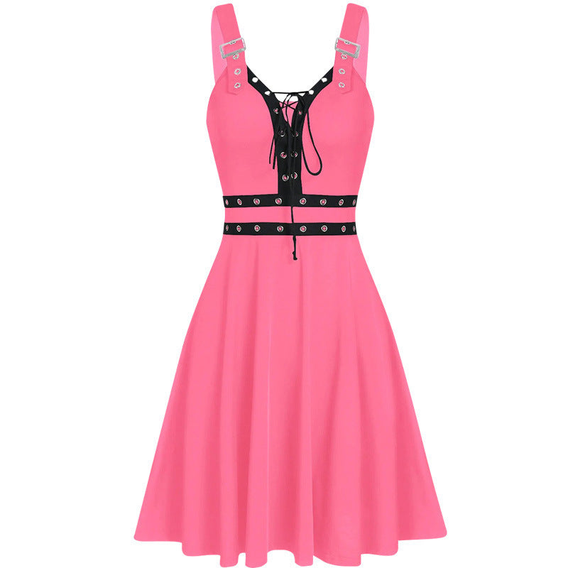 Fashion Gothic Punk Style Stitching Strap Sling Dress Ladies Daily