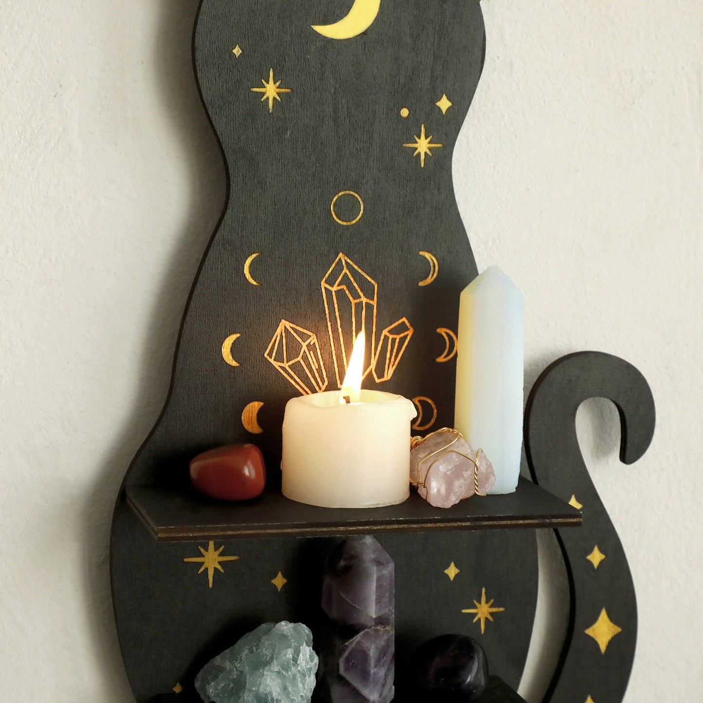 Gothic Animal Cat Type Wooden Wall Crystal Storage Rack