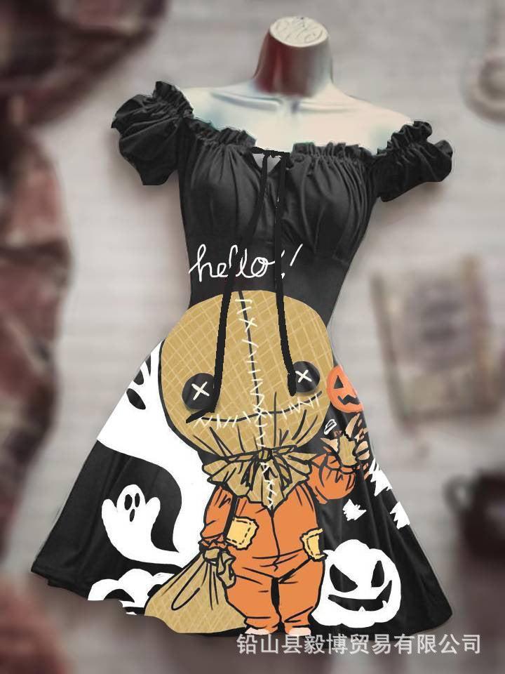 Women's Short Sleeve Drawstring Polyester Puff Sleeve Dress