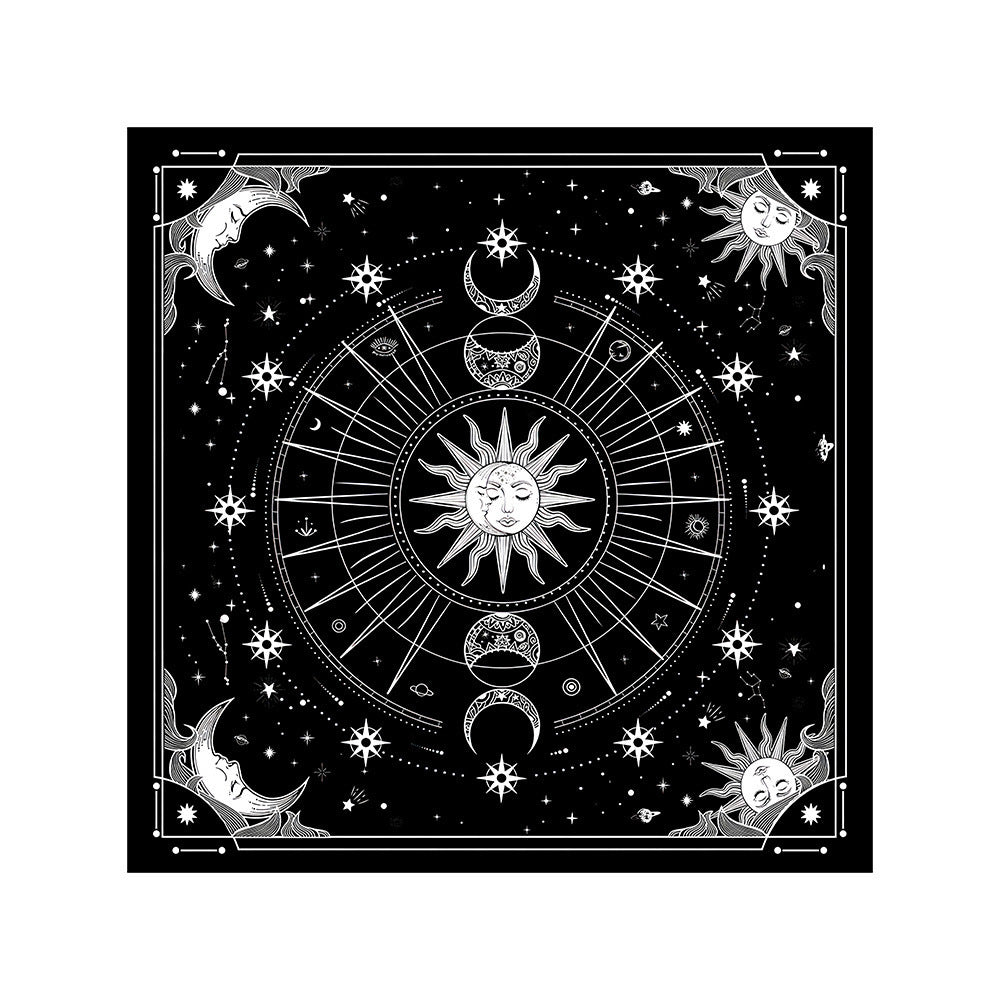 Black and white astrological design with sun, moon, and stars on a black background