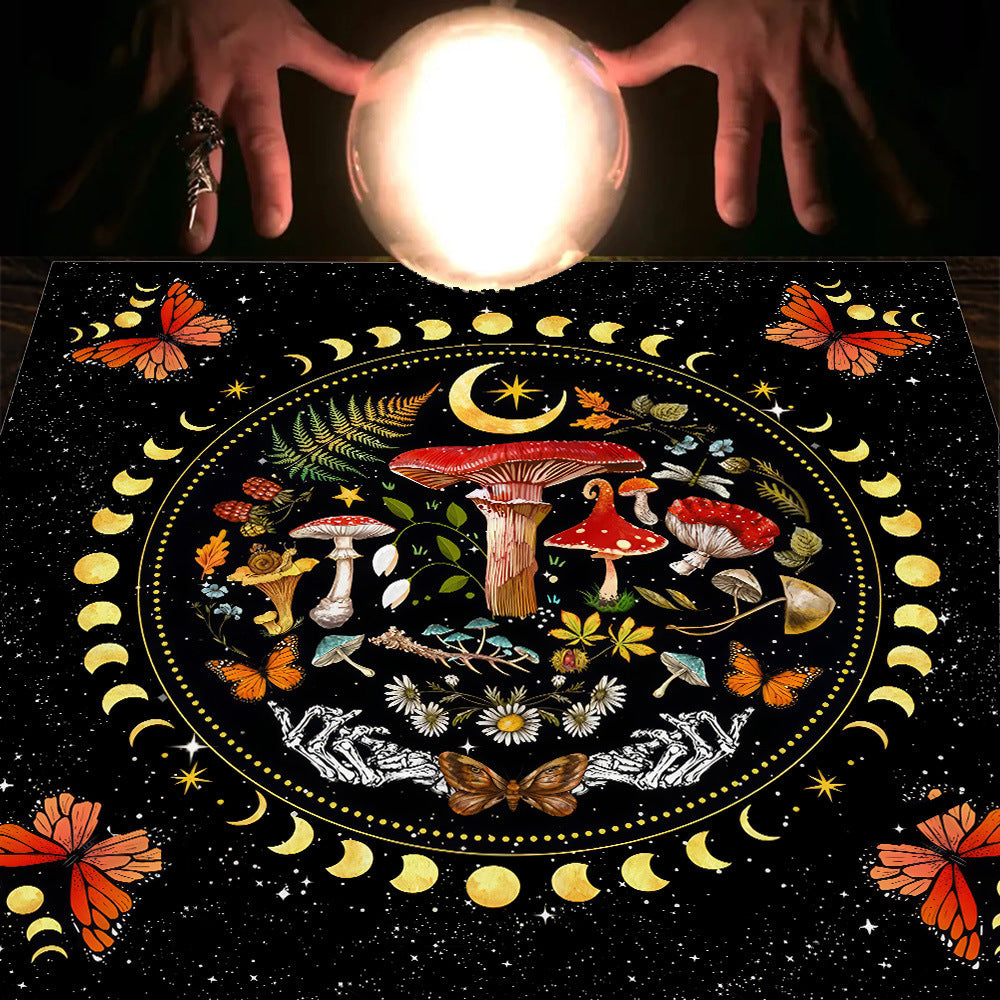 Decorative mat with nature-themed design featuring mushrooms, butterflies, and celestial elements, with a glowing crystal ball above.