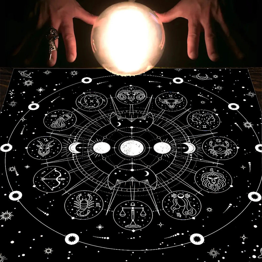 Person holding a crystal ball over a zodiacal map with astrological symbols.