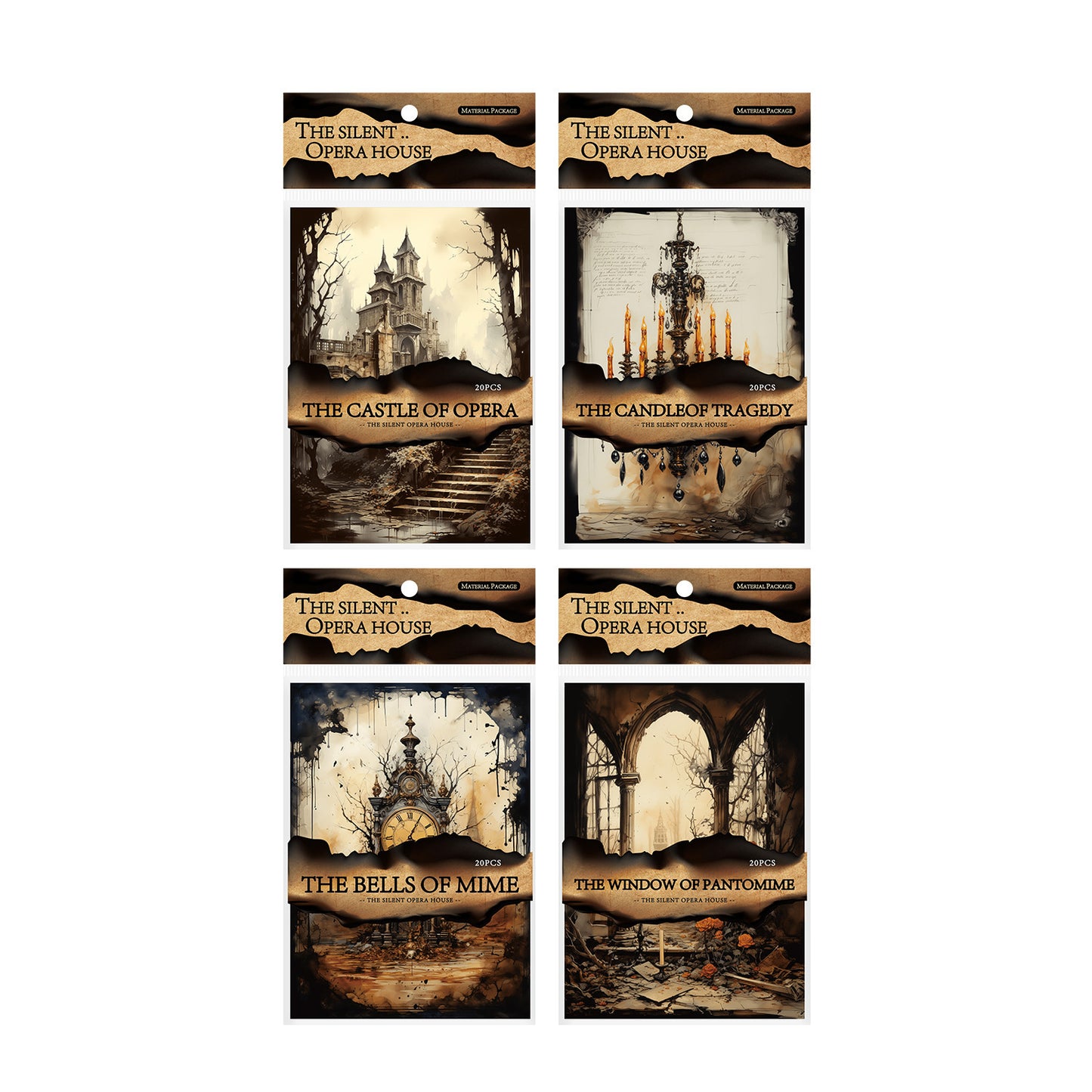 Set of cards from 'The Silent Opera House' with scenic illustrations on a white background.