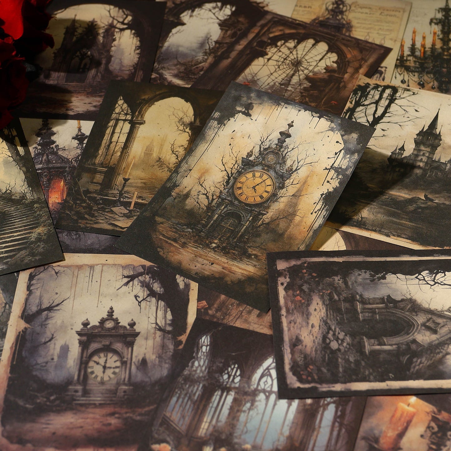 Collection of dark, artistic prints featuring gothic architecture and clocks.