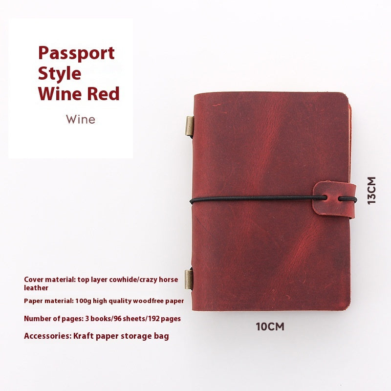 Red passport-style notebook with dimensions and material details on a white background