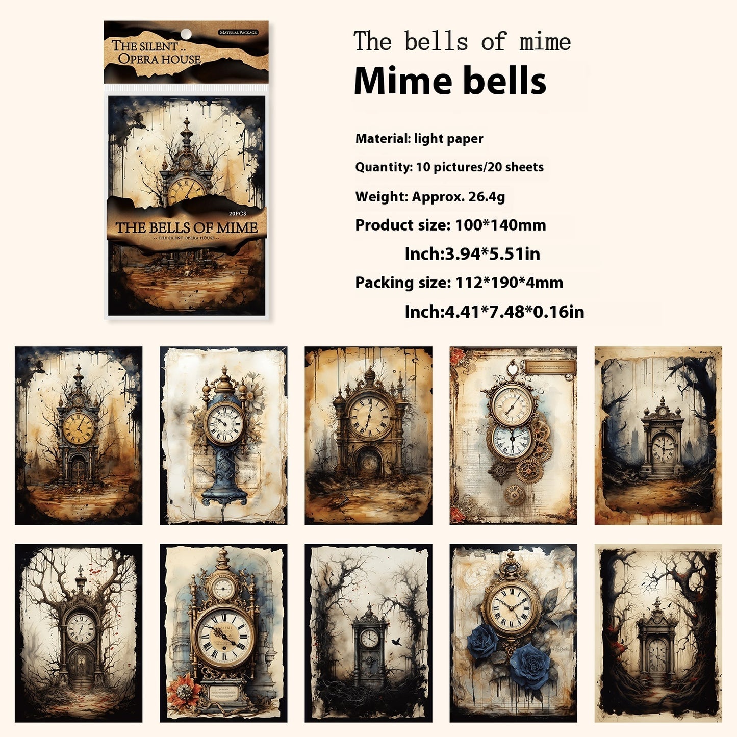Packaging of 'The Bells of Mime' mime bells with product details on a white background.