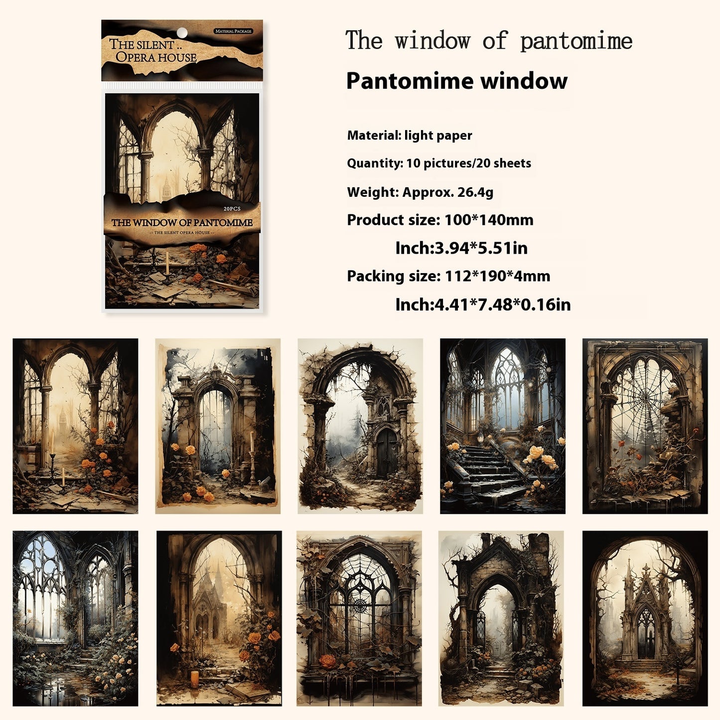Pantomime window set with gothic architecture design, packaging, and product details.