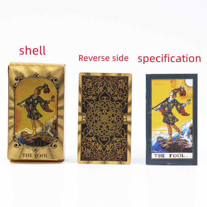 Three views of a tarot card packaging with 'The Fool' illustration on a white background.