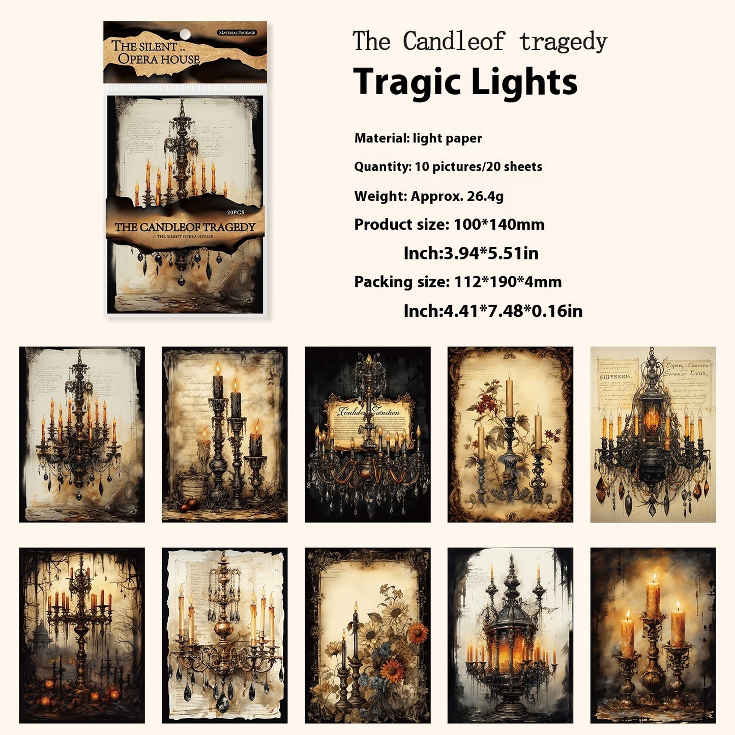 Packaging of 'The Candleleaf Tragedy' with chandelier-themed light paper sheets.