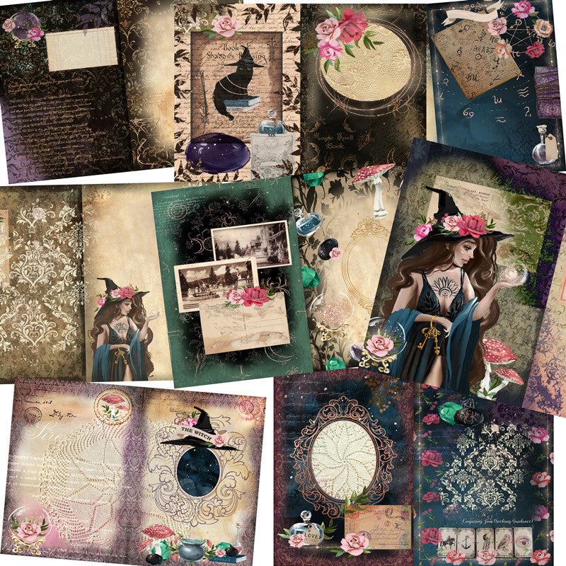 Collage of vintage-style cards with witch-themed designs, including floral hats and mystical elements.