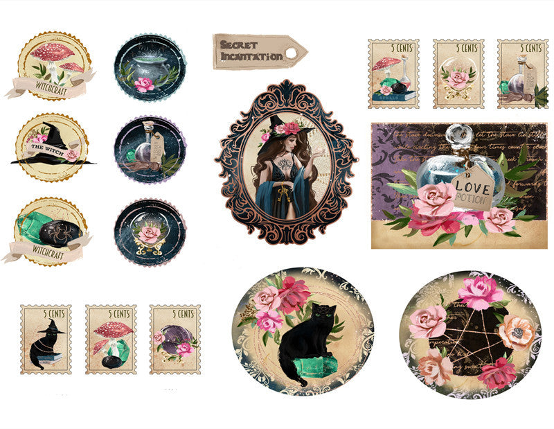 Collection of vintage-style product labels with decorative elements and text.