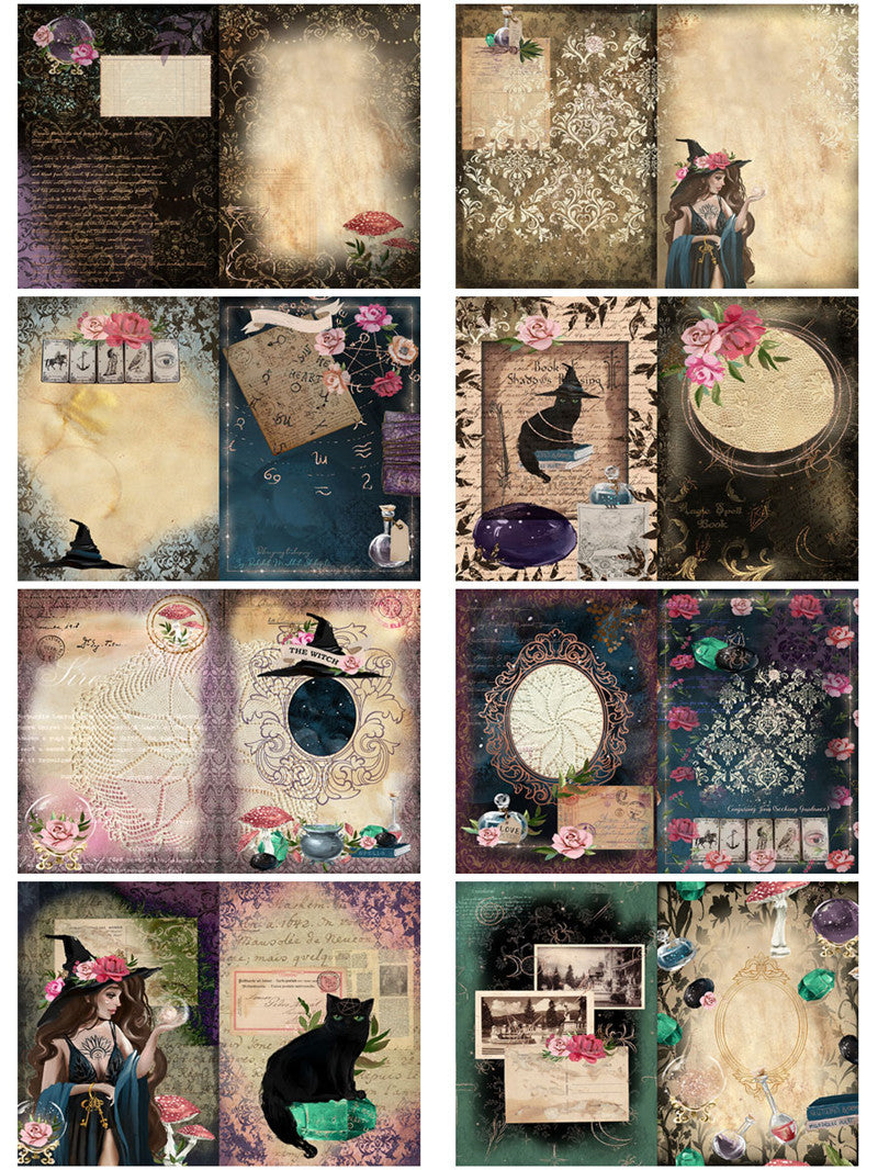 Collage of vintage-style posters with fantasy elements, including witches, cats, and magical objects.