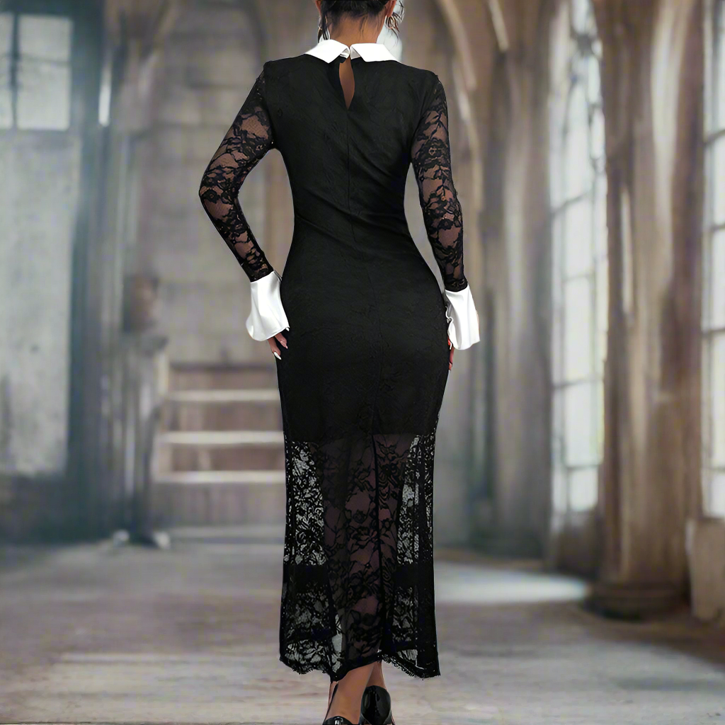 Midnight Widow Dress – Gothic Lace Collar Midi
