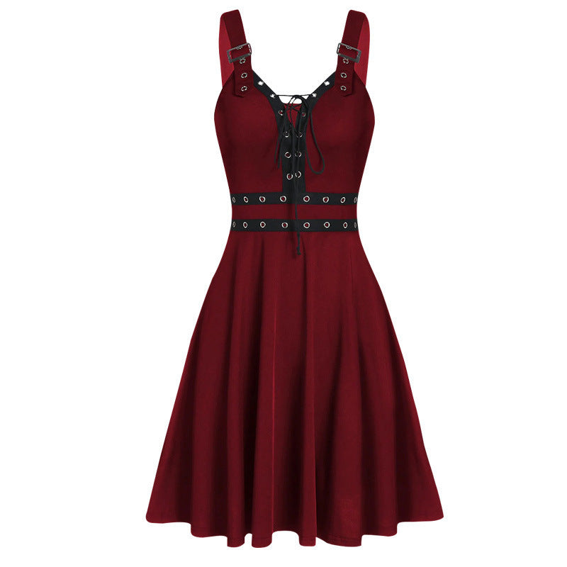 Fashion Gothic Punk Style Stitching Strap Sling Dress Ladies Daily