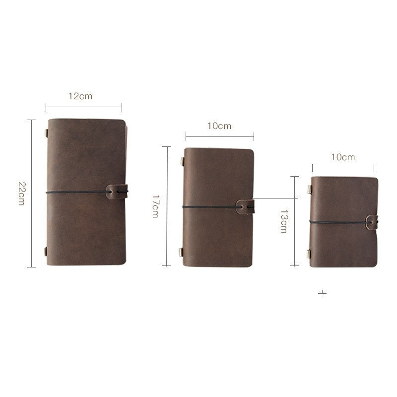 Three brown leather notebooks with dimensions indicated on a white background