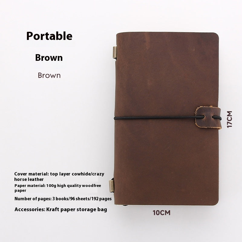 Brown leather notebook with dimensions and material details on a white background