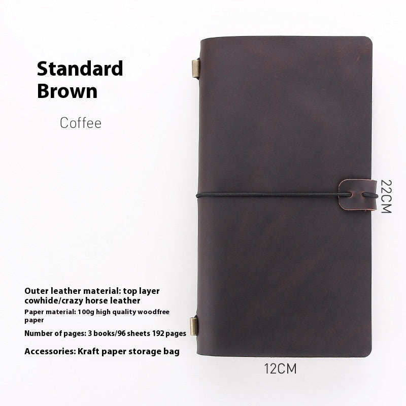 Brown leather notebook with dimensions and material details on a white background