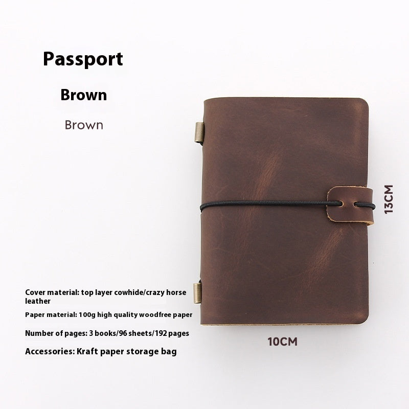 Brown leather passport cover with specifications on a white background