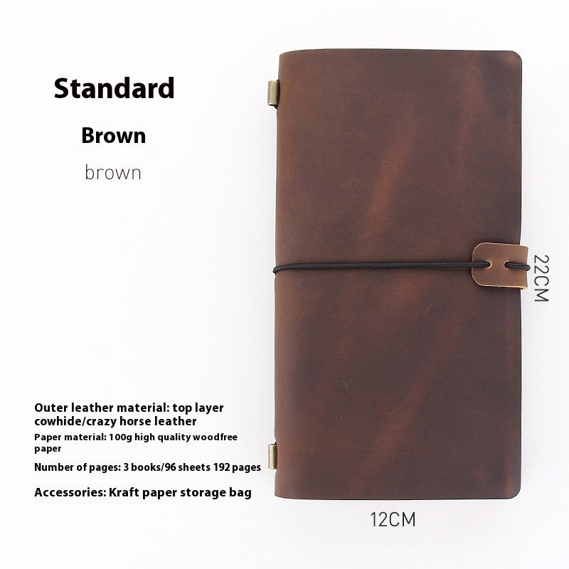 Brown leather notebook with specifications on a white background