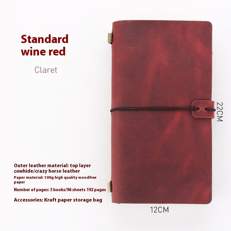 Red leather notebook with specifications on a white background