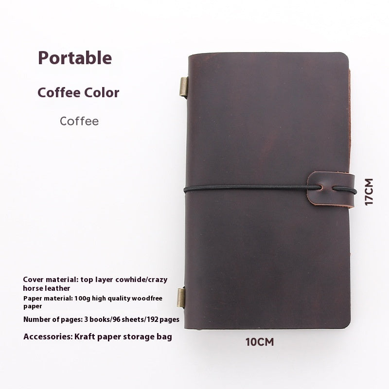 Brown leather notebook with measurements and material details on a white background