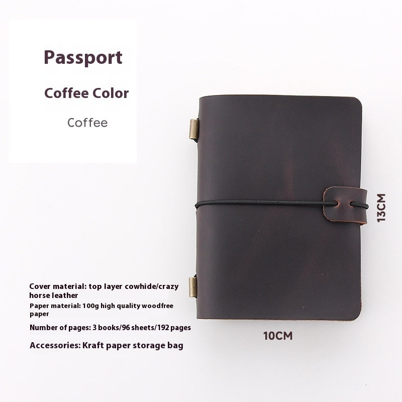 Brown leather passport cover with measurements on a white background