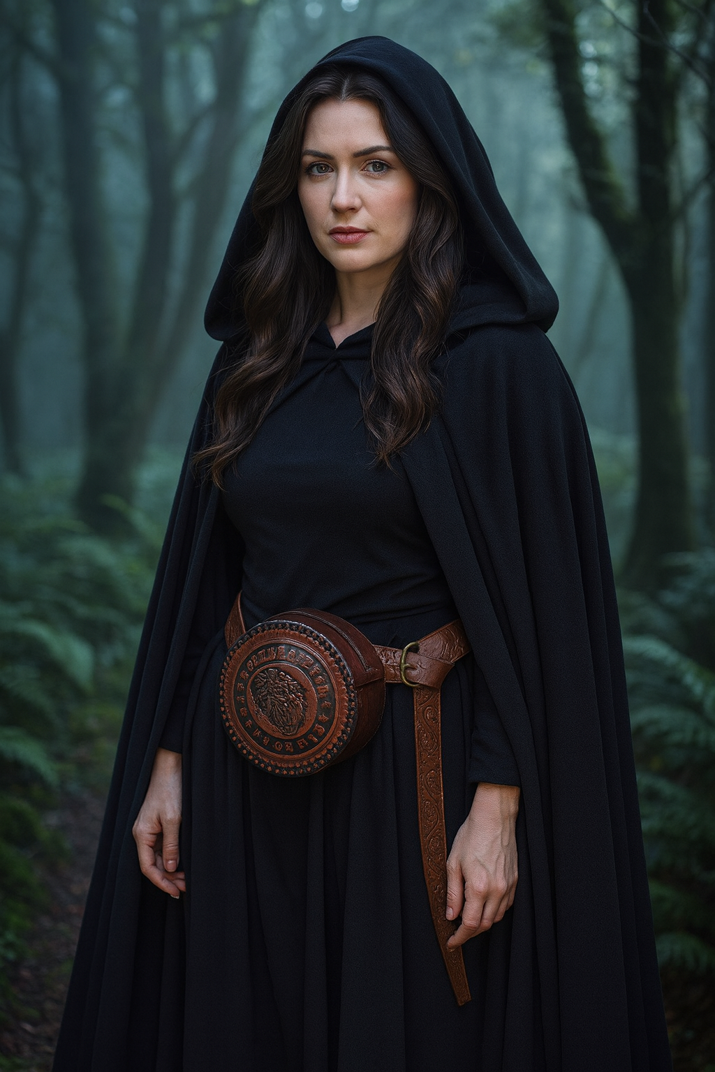 Woman in a black hooded cloak with a brown belt and bag standing in a forest.