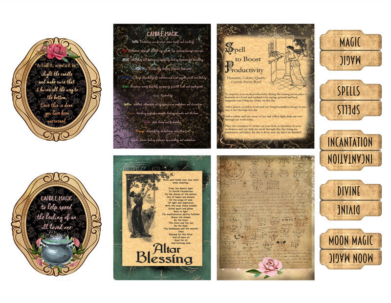 Collection of vintage-style spellbooks and magical items with text and illustrations on a white background.