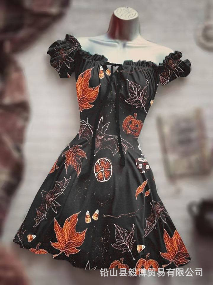 Women's Short Sleeve Drawstring Polyester Puff Sleeve Dress