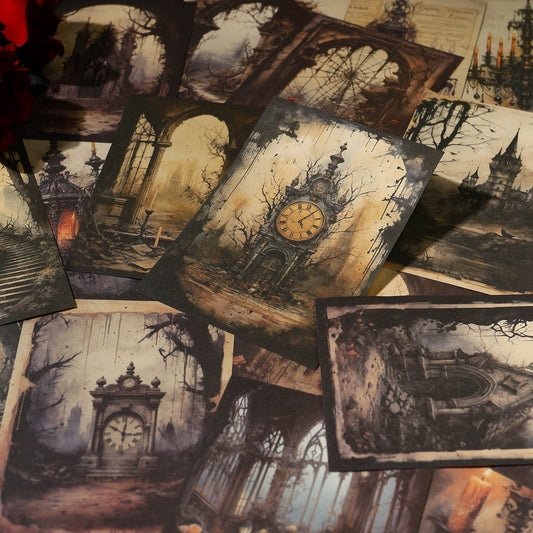 Collection of dark, artistic prints featuring gothic architecture and clocks.