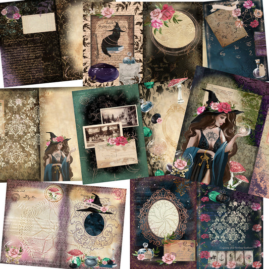 Collage of vintage-style cards with witch-themed designs, including floral hats and mystical elements.