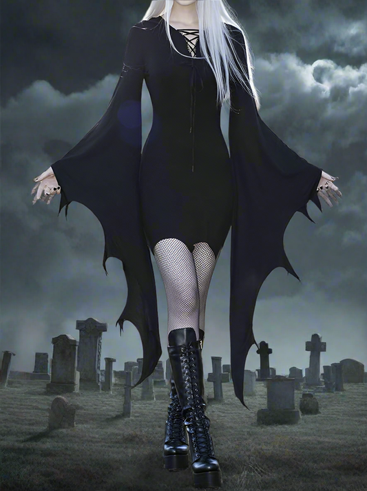 Nocturne Wings Dress – Gothic Bat Sleeve Lace-Up Mini