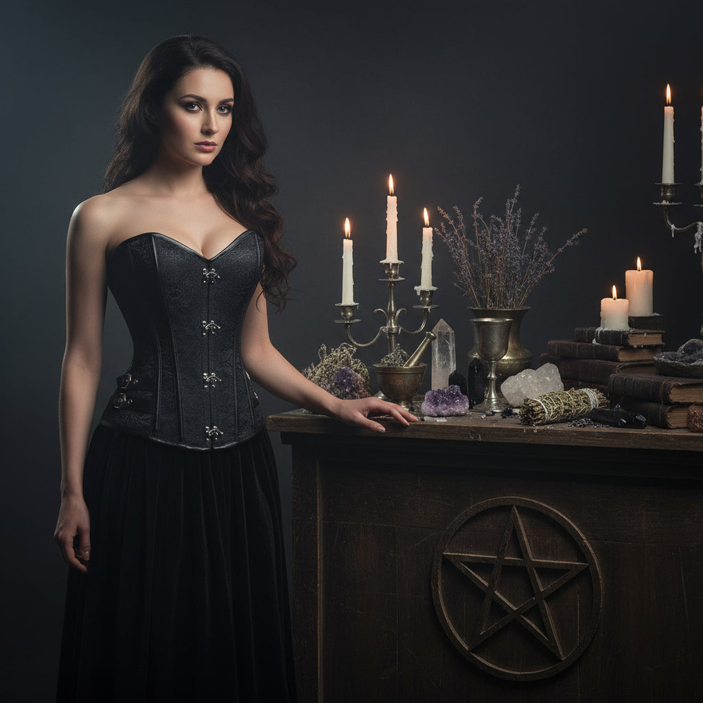 Black corset with silver hardware on a white background