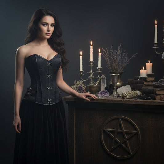 Black corset with silver hardware on a white background