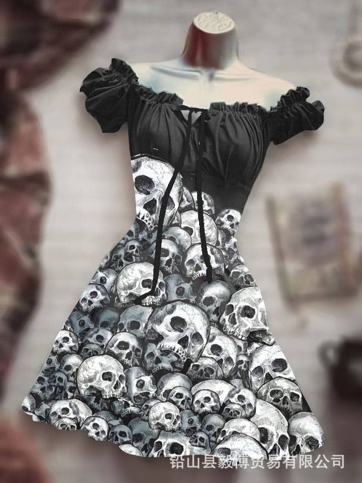Women's Short Sleeve Drawstring Polyester Puff Sleeve Dress